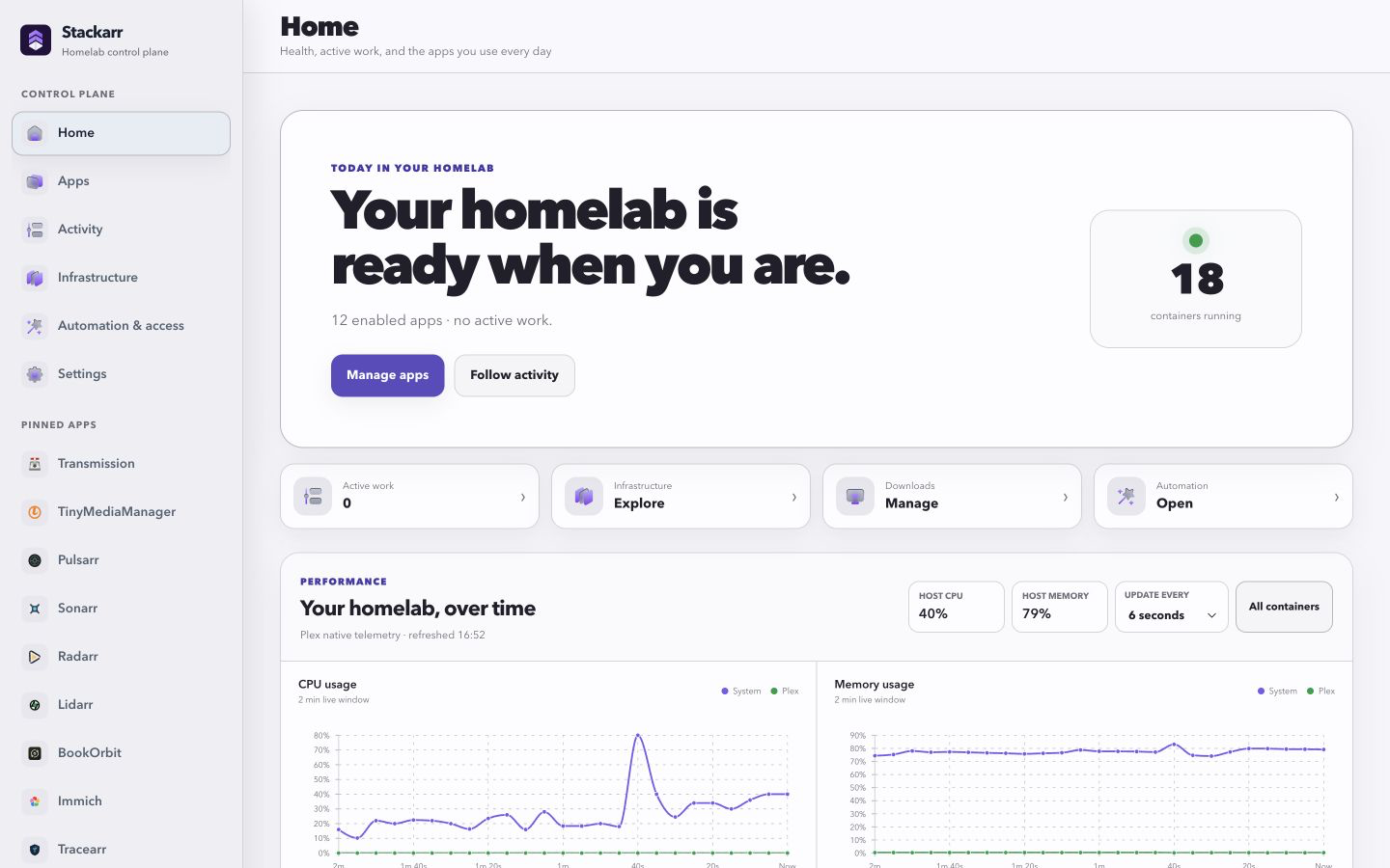 Stackarr dashboard showing active work, running containers, and live CPU and memory history