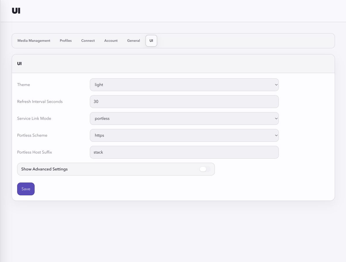 Stackarr UI settings screen