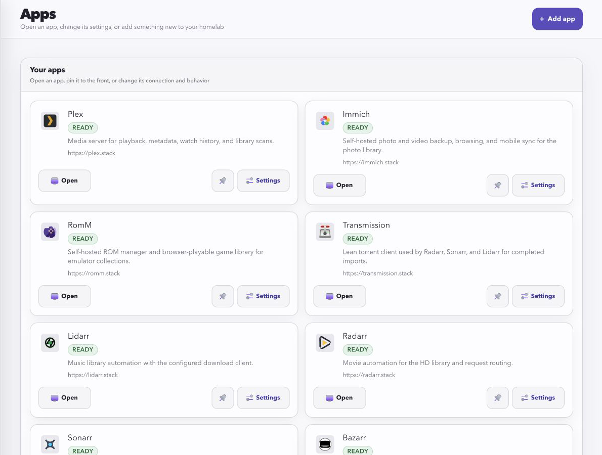 Stackarr Apps screen
